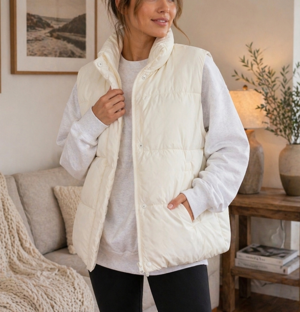 Aerie Cream Oversized Puffer Vest Size S/M White Quilted Cozy Minimalist Jacket